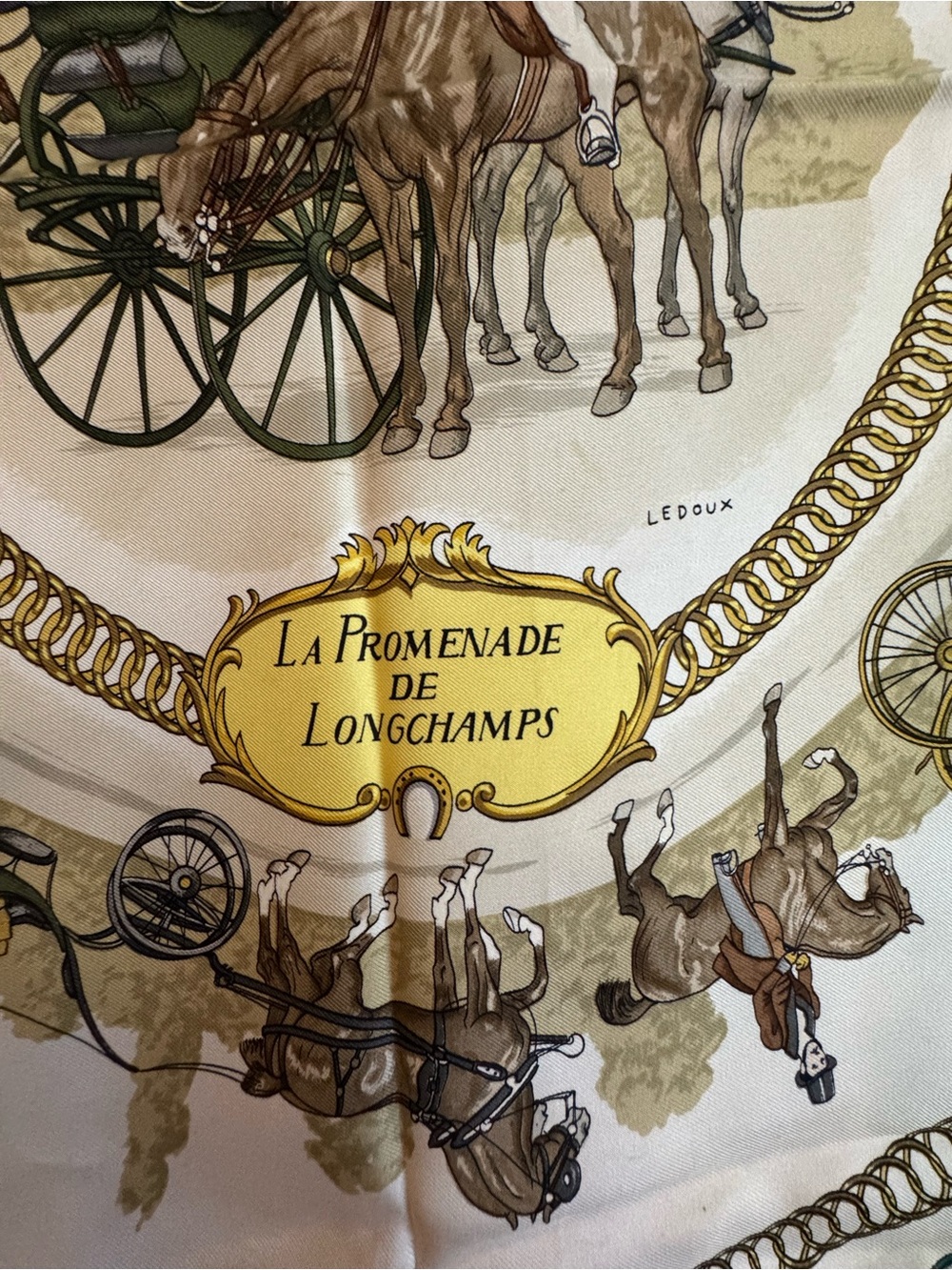 Hermes Silk Scarf 100% Authentic Horse Coach Circle 90cm “Longchamps” Print Blue - Picture 2 of 10